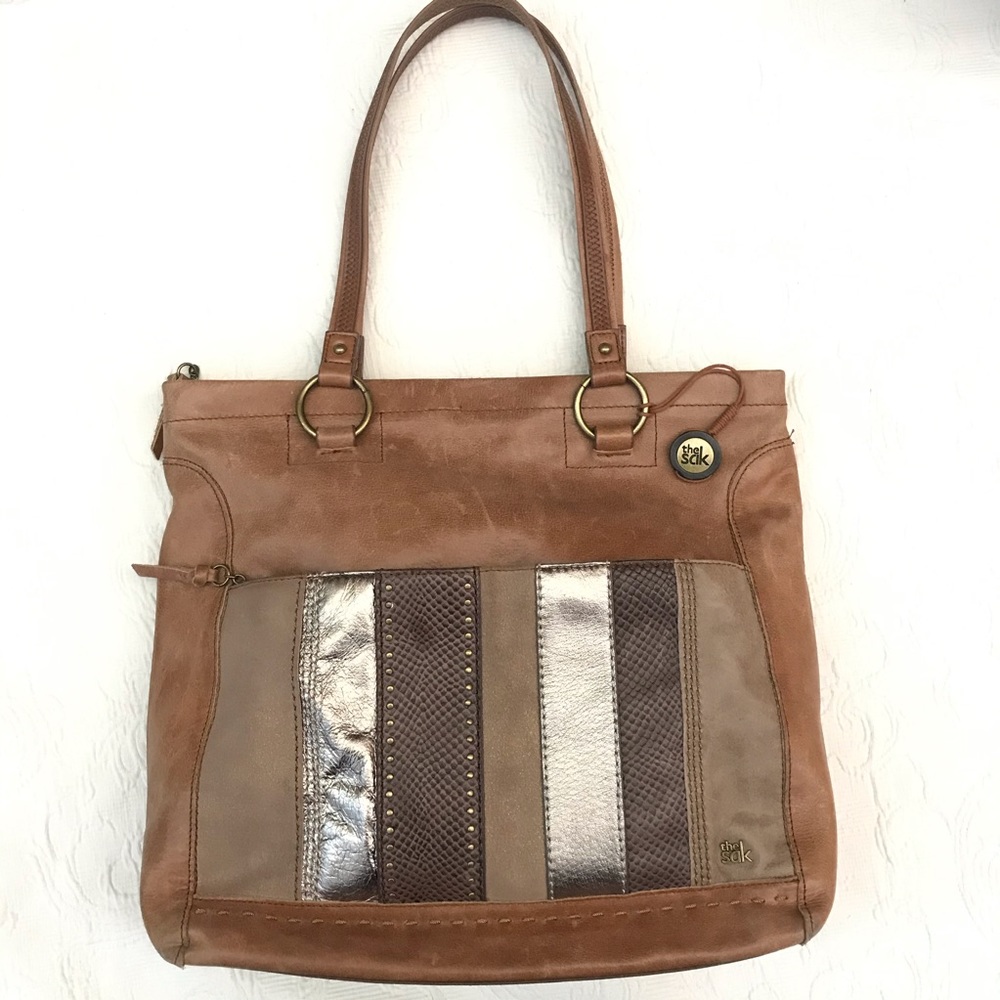 THE SAK Iris Leather Boho Large Tote with Metallic Stripes and Multiple Pockets